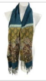 V. Fraas Cashmink Fringe Trim Scarf Green Gold Floral Wrap Cozy Knit Boho