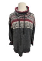 Eddie Bauer Fair Isle Cowl Neck Sweater Gray Red White Drawstring Wool Blend PS