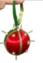 Vintage Ornate Push Pin Beaded Spun Satin Christmas Ornament Red Green Gold