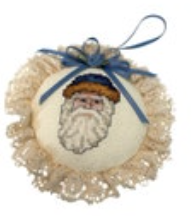Vintage Christmas Ornament Cross Stitch Old Man Christmas Lace Trim Santa Round
