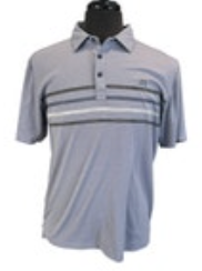 Travis Mathew Golf Shirt Gray White Blue Striped Med Polo Syngenta Sleeve Logo