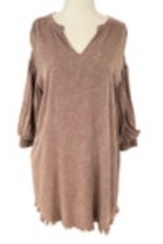 Umgee Womens Tunic Dress S Brown Fringe Hem 100% Rayon Puff Sleeve V-Neck Boho