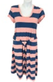 Lands' End Large Striped Pink Blue Tie Back Dress Short Sleeve Midi Stretch