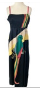 Vintage XS Voom by Joy Han Y2K Silk Dress Black Colorful Parrot Spaghetti Strap