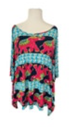 Joyce Elephant Print Blouse Kaftan Sleeve Women's Size Small Boho Stretch