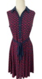 DM Collection Fit & Flare Jersey Dress Women Sz 4 Red Blue Sleeveless Collared