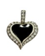 VTG Heart Silver Tone Black Cabochon Rhinestone Pendant 1.25”