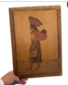 VTG Wooden Wood Female Figure Carrying Eggs Colored Wood Inlay Wall Decor 14"