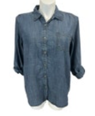J.Jill Denim Shirt Size L Button Up Roll Tab Sleeve Blue Boho Preppy