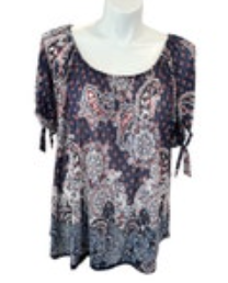 Siren Lily 3X Sheer Blue Paisley Peasant Blouse with Puffed Short Sleeves