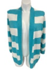 Talbots Woman Linen Open Front Cardigan Aqua White Wide Stripe Size 2Xp MSRP $99