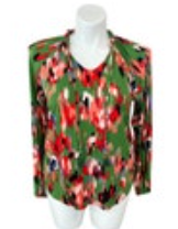 BELLE By Kim Gravel Green Red Pink Tunic Top Pintucked Tassel Stretch Size M