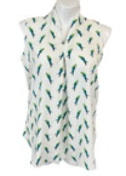 Peck & Peck Women's L Sleeveless Tunic Top Blue Green Parrots White Base V-Neck