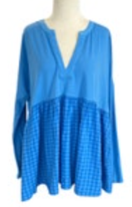 Anthropologie Pilcro Long-Sleeve Babydoll Blouse Womens XS Blue Gingham Flowy