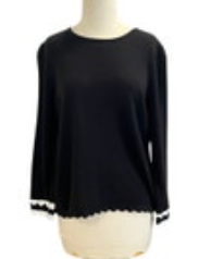 Belford Round Neck Long Sleeve Pullover Sweater Black Scalloped Edge Cotton M