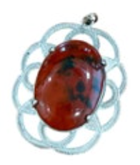 Red Jasper Oval Pendant Silver Tone Scalloped 1.5”