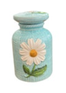 Vtg Daisy Bathroom Ceramic Blue Bottle Irice Imports Canister Lidded Retro
