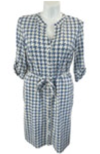 J. McLaughlin Nylon Stretch XL Blue Big Houndstooth Dress Belted Collared