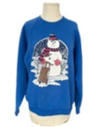 Fruit Of The Loom Blue Large Vintage Snowman Painted Sweatshirt Winter Sled