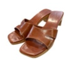 Kenneth Cole Brown Leather Heeled Sandals Square Toe Slip On Wood Band Stand 8.5