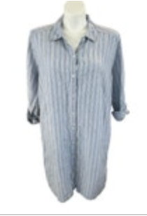 J Jill Love Linen 3X Blue Stripe Roll Tab Sleeve Midi 100% Linen Dress w/Pockets