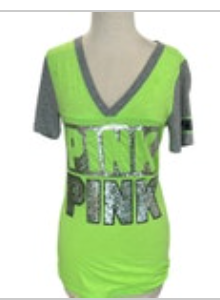 Pink Victorias Secret Sequined Medium Neon Green Gray V-Neck Tee READ