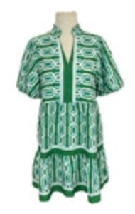THML Midi Dress Size XS NWT Puff Sleeve Summer Peasant Lined Green Geometric