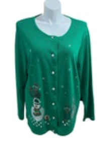NWT Onque Casuals Christmas Cardigan Green Snowmen & Cats Sequin Sweater 2X