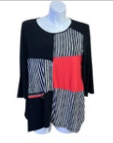 Ali Miles Womens 1X Tunic Blouse Black White Red Zipper Pocket Colorblock