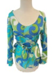 Skirtin Around 3/4 Sleeve Tie Waist Blouse Size 8 White Green Blue Paisley