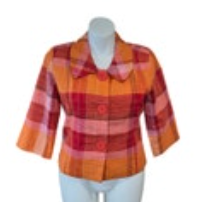 Silkland Crop Jacket XL Linen Orange Plaid 3/4 Sleeves 3-Button Retro Classic
