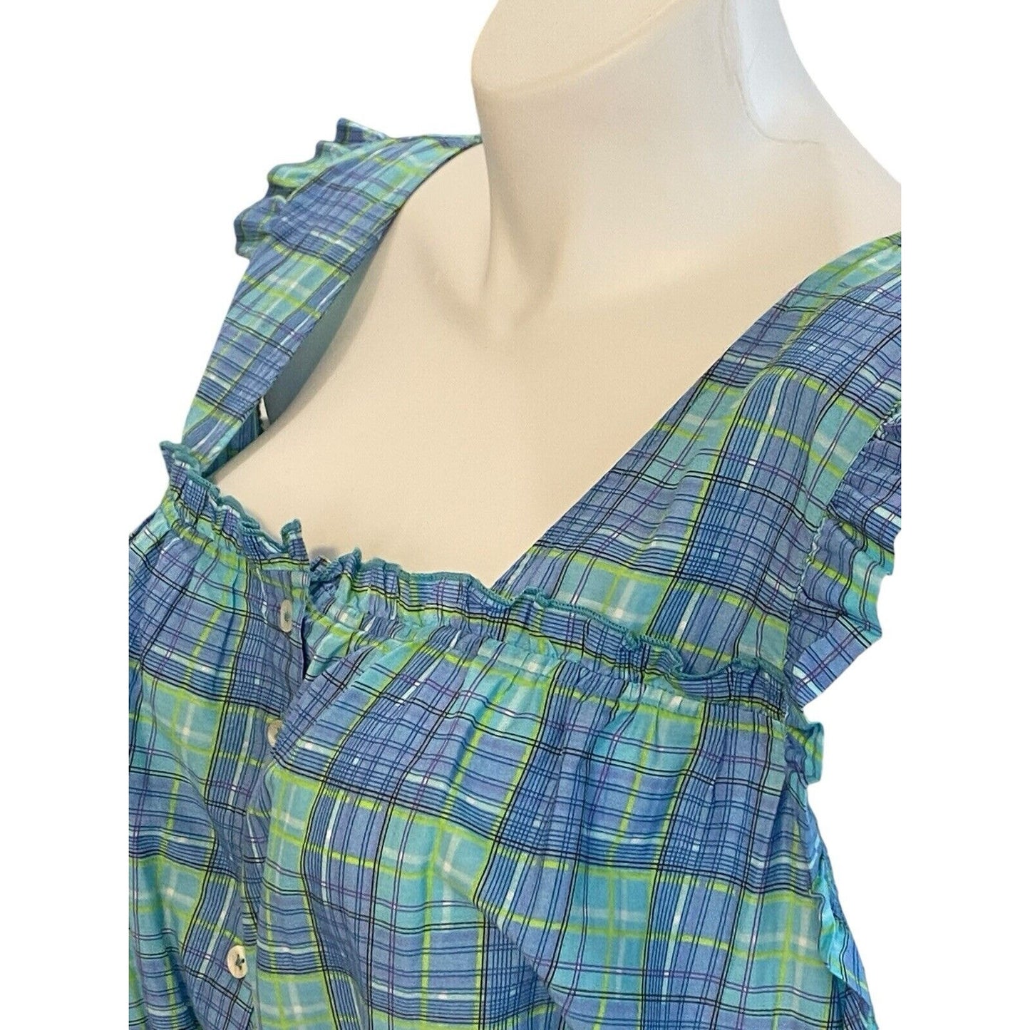 Size XXL Simply Southern Plaid Sleeveless Peplum Shirt Blue Green Cotton NWT