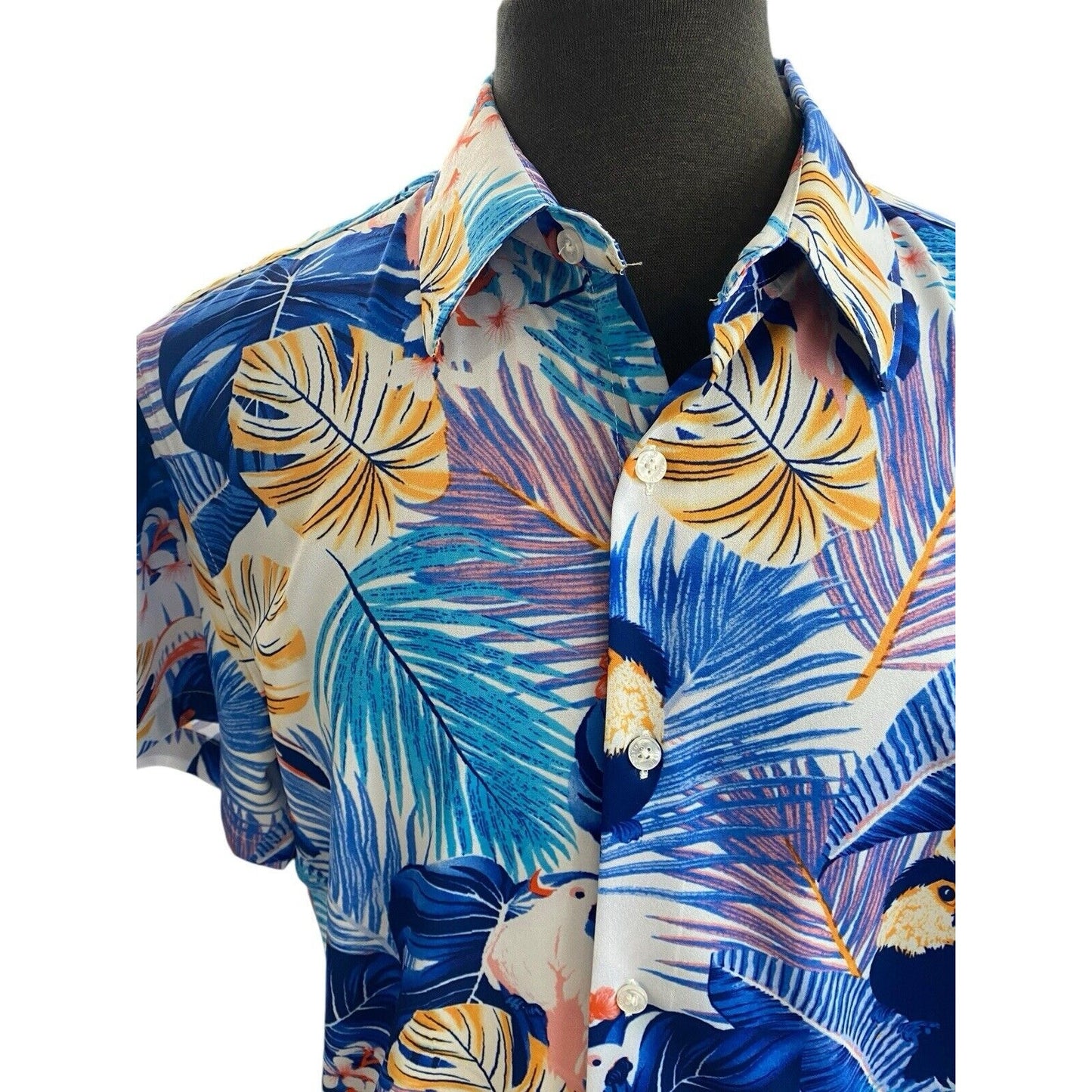 Large Suslo Couture Blue White Palm Toucan Button Down Hawaiian Shirt