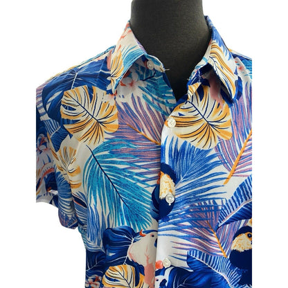 Large Suslo Couture Blue White Palm Toucan Button Down Hawaiian Shirt