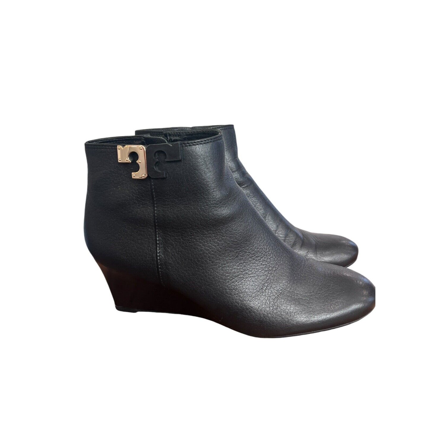 Tory Burch Brooke Black Ankle Wedge Woman Boots Size 9 EUC Pebbled Leather