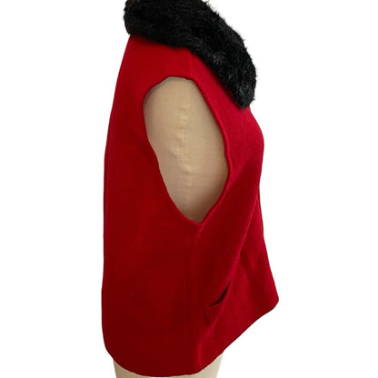 Large Vintage Tally Ho Red Wool Zip Front Vest Top Removable Fur Collar Holiday