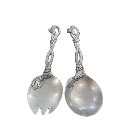 Vintage 2002 Arthur Court Pewter Nautical Rope Western Motif Salad Serving Set