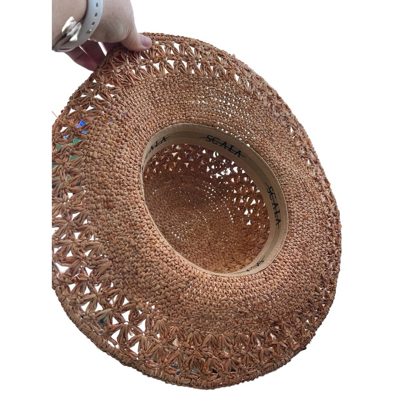 Women's Scala Crochet Straw Raffia 4" Brim Sun Floppy Hat Palmetto Tree Beads