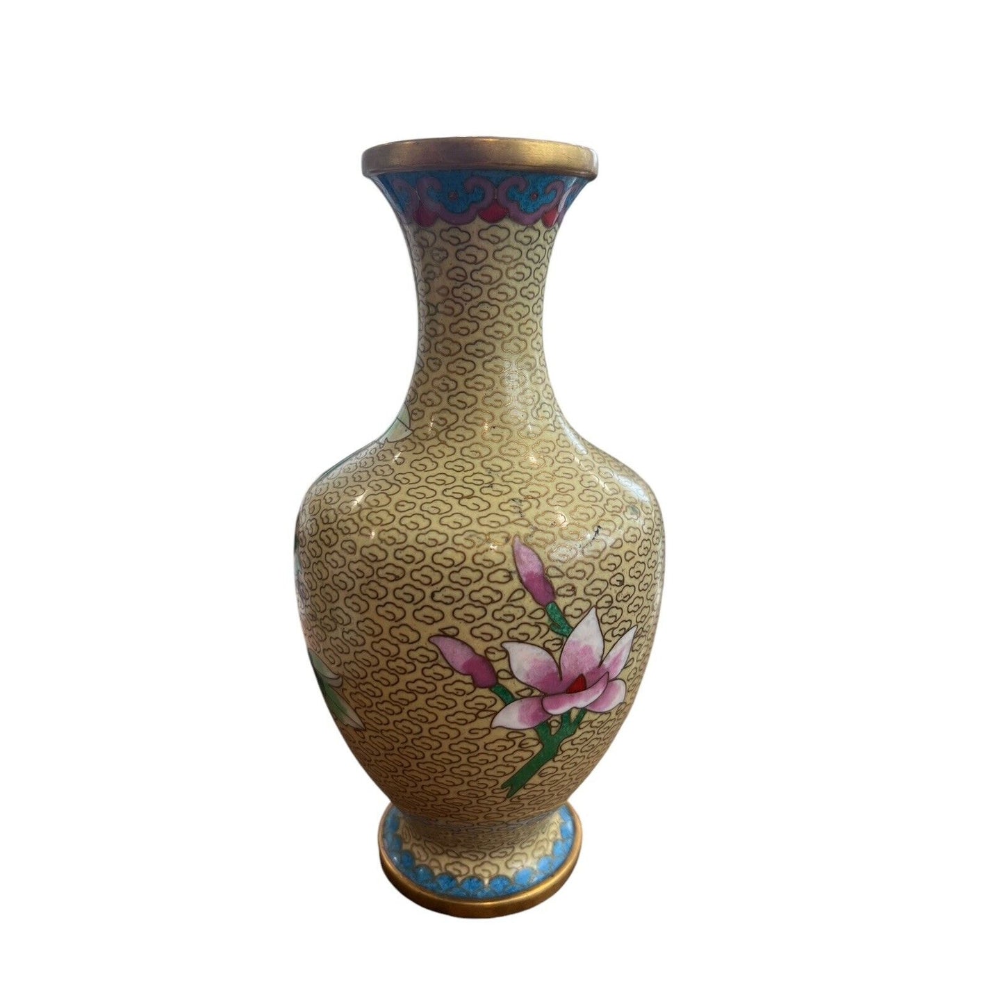 Vintage Chinese Cloisonné Butterfly Flower Motif Brass Vase Grand Millennial
