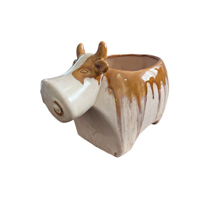 Cow Ceramic Glazed Planter Adorable Unique Brown White