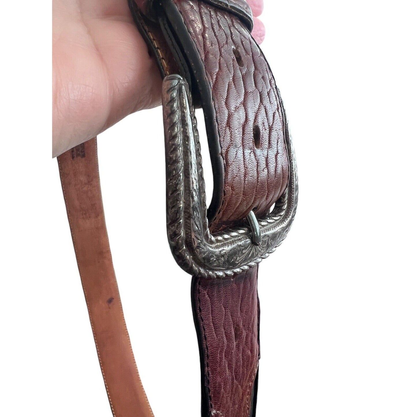 Vintage 1995 JUSTIN Western Black Brown Leather Belt Cowboy Silver Tone Buckle