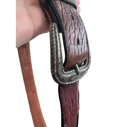 Vintage 1995 JUSTIN Western Black Brown Leather Belt Cowboy Silver Tone Buckle