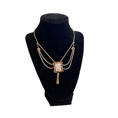 Art Deco Green Pink Rhinestone Festoon Swag Necklace Vintage Rectangle Leaf Acce