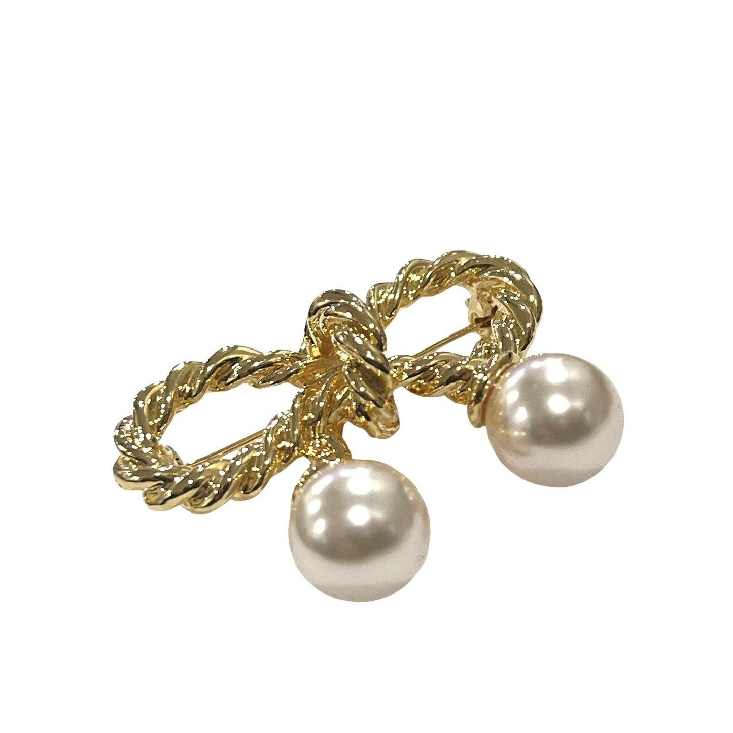 Vintage Gold Tone Faux Pearl Braided Bow Pin Brooch Rope