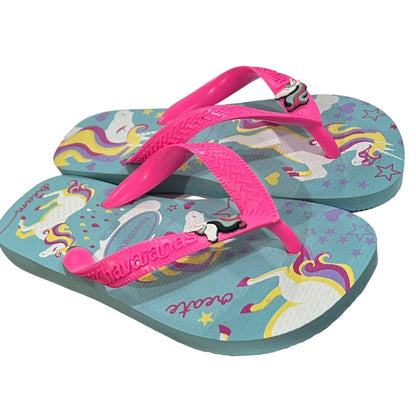 Havaianas Girls Hot Pink Purple Teal Unicorn Flip Flops Sandals Youth Size 3/4