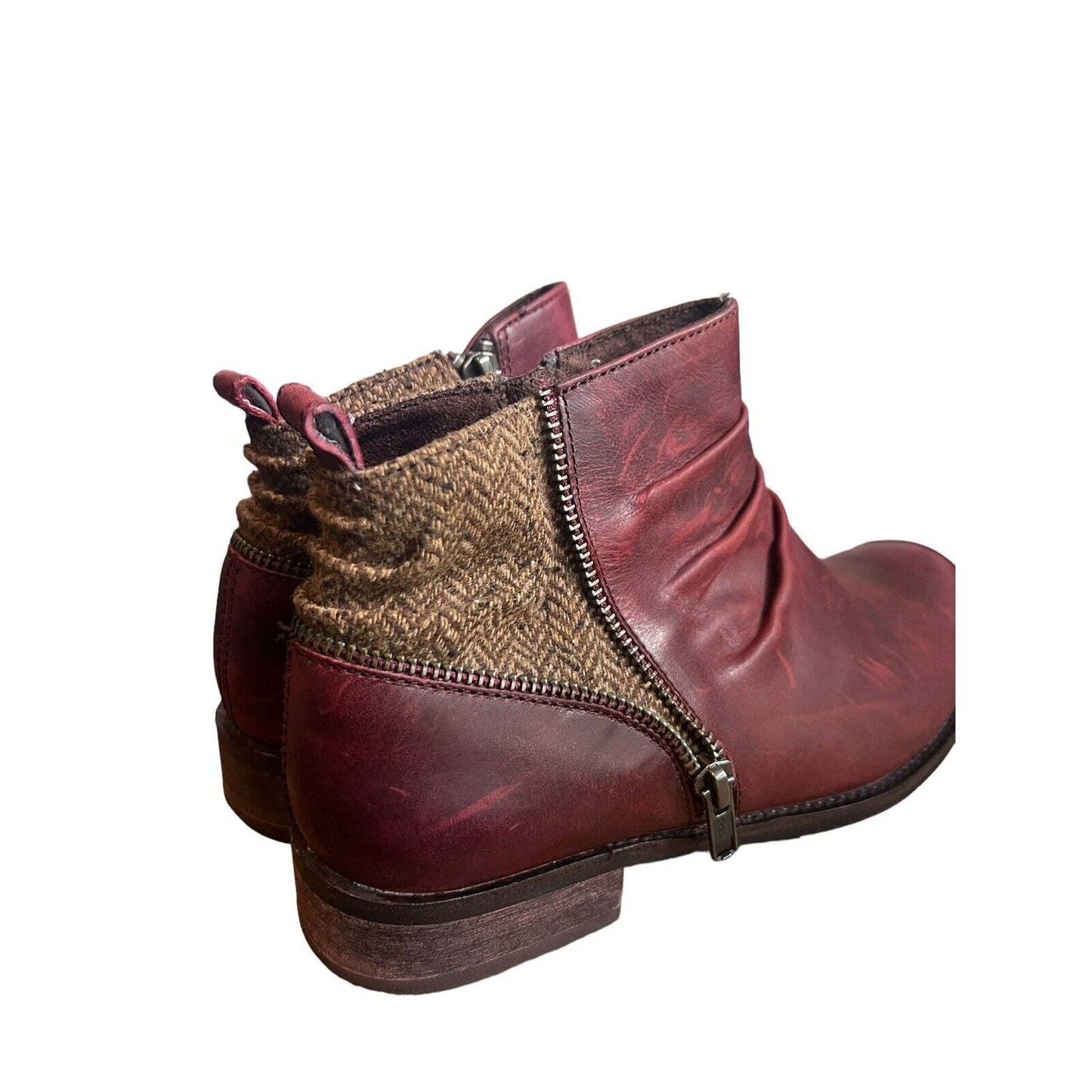 7.5 CAT CATERPILLAR KILEY Maroon Burgundy Leather Tweed Ankle Boots Zip