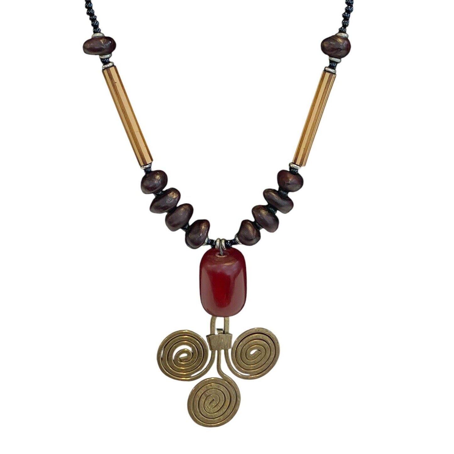 Brass Amber Color Pendant Necklace Handmade Africa Beaded 20”