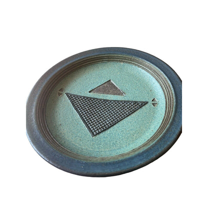 Signed Linda Sheard Pottery Blue Teal Plate Geometric Earth Glaze Handmade