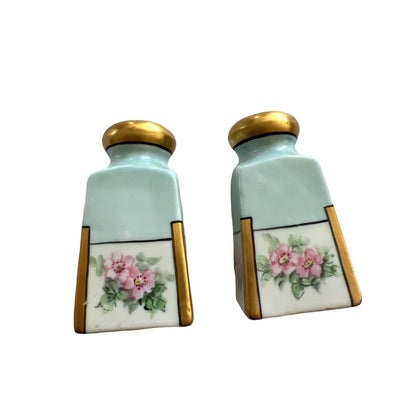 Vintage Bavarian ? Salt And Pepper Hand Painted Floral Gold Shakers EUC