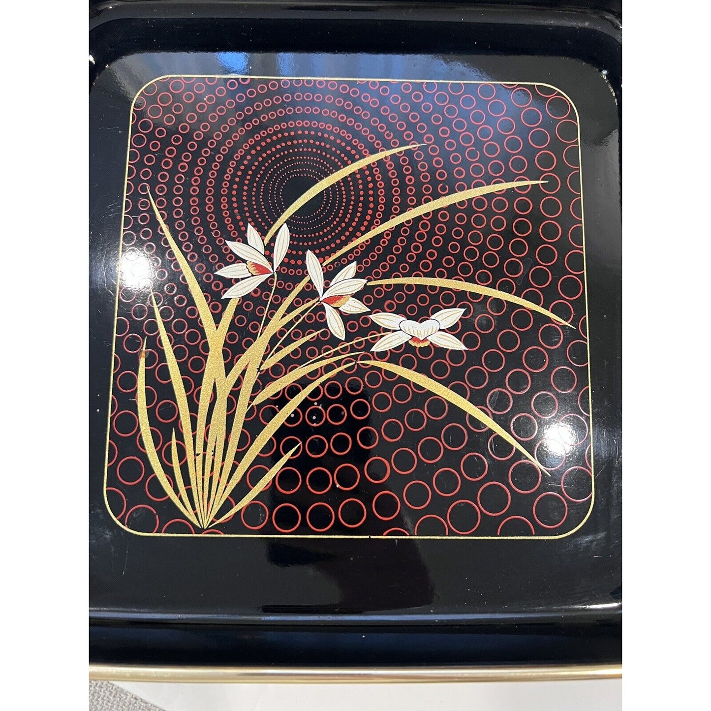 Japanese Black Lacquer Tray "Grand Iris" Gold Rim Wrapped Handles EUC Vintage